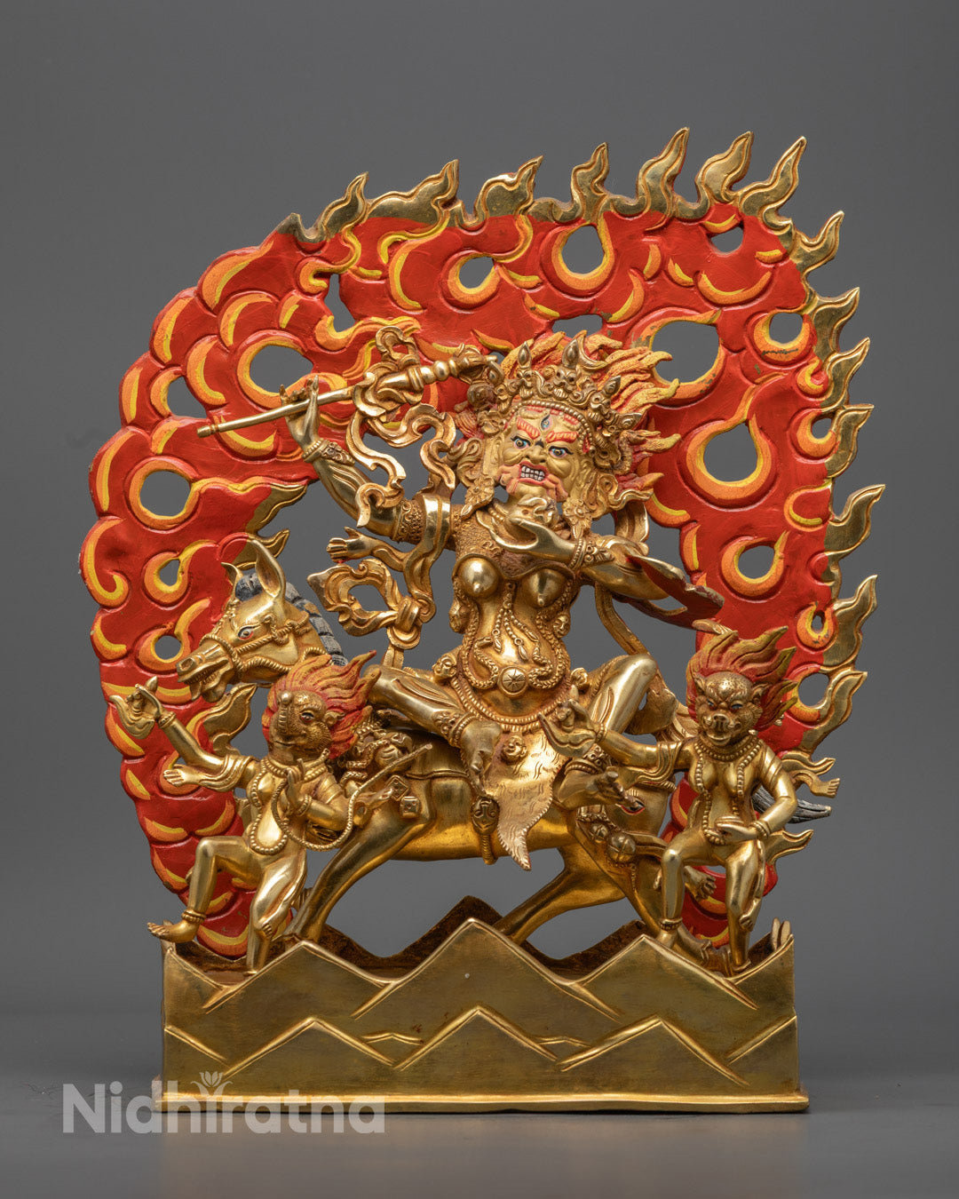 Authentic Palden Lhamo sculpture with 24K gold-gilded face and gold fire-gilded body, handcrafted using the lost wax method.