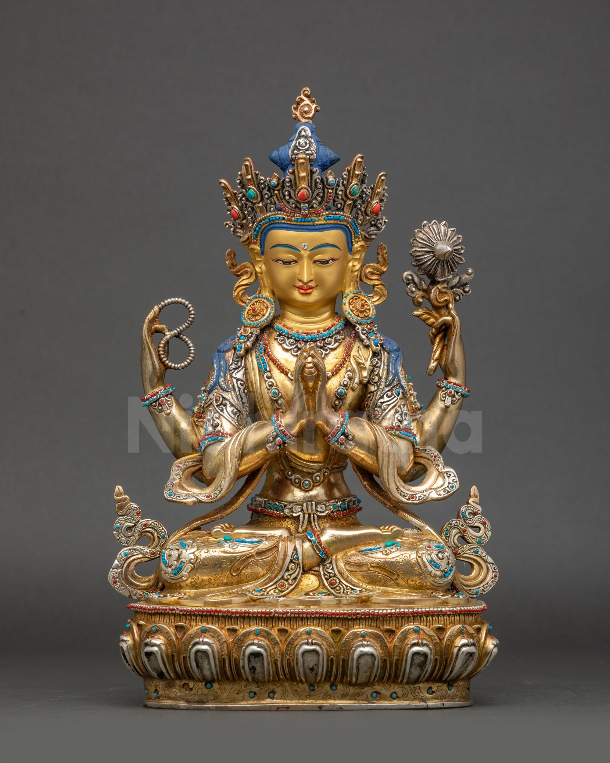 Avalokiteshvara Statue front view 24K gold-gilded Nepalese Buddhist sculpture