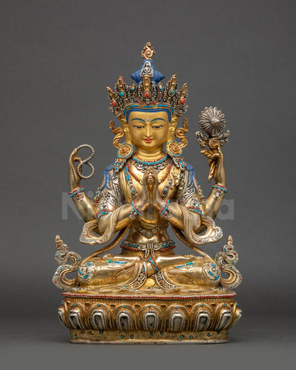 Avalokiteshvara Statue front view 24K gold-gilded Nepalese Buddhist sculpture