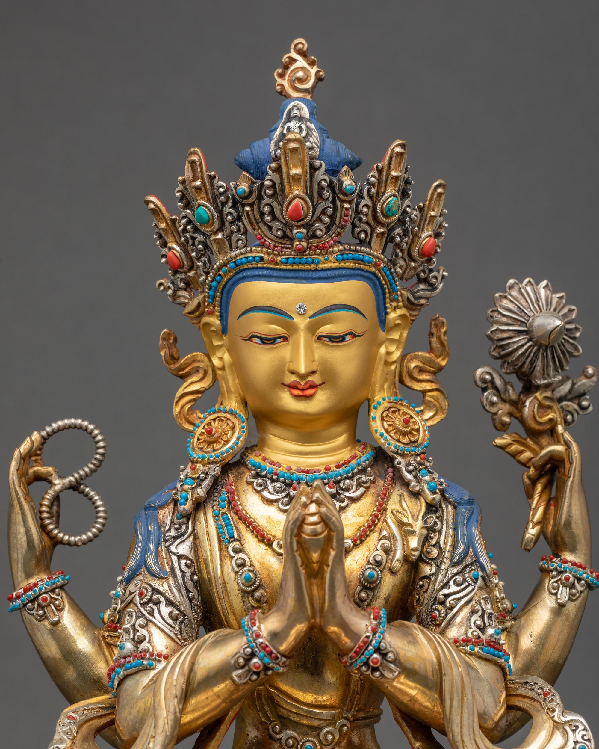 Avalokiteshvara Statue regular close up showing intricate gold and silver details
