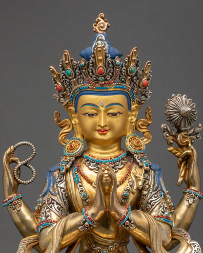 Avalokiteshvara Statue regular close up showing intricate gold and silver details