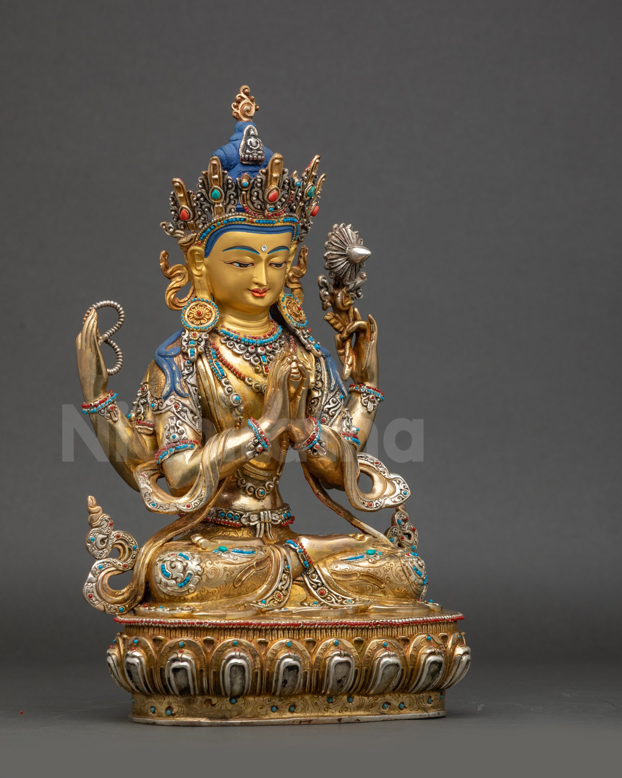 Avalokiteshvara Statue right side view gold-gilded Nepalese Buddhist sculpture