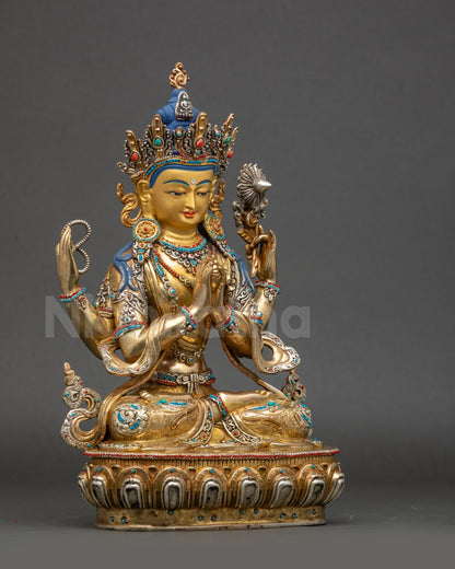 Avalokiteshvara Statue right side view gold-gilded Nepalese Buddhist sculpture