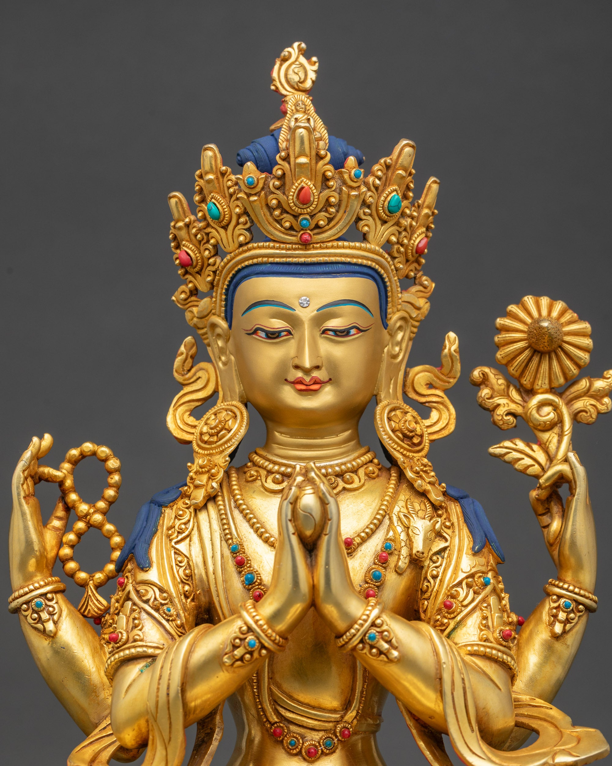 Avalokiteshvara meditation statue on lotus throne, Nepalese Bodhisattva art