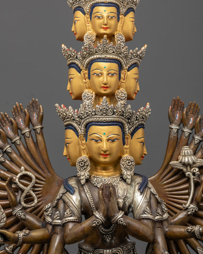 Avalokiteshvara statue's halo with thousand arms and eye-in-palm symbol, showcasing divine watchfulness
