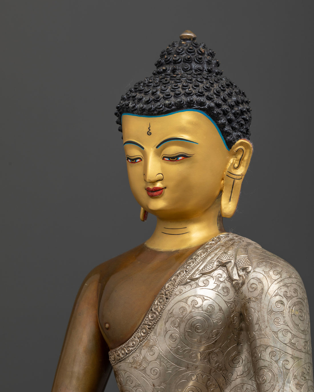 Intricate Half Oxidized Silver Shakyamuni Buddha Statue