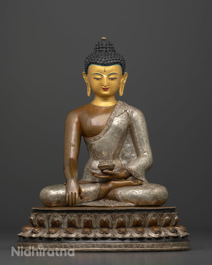 Intricate Half Oxidized Silver Shakyamuni Buddha Statue