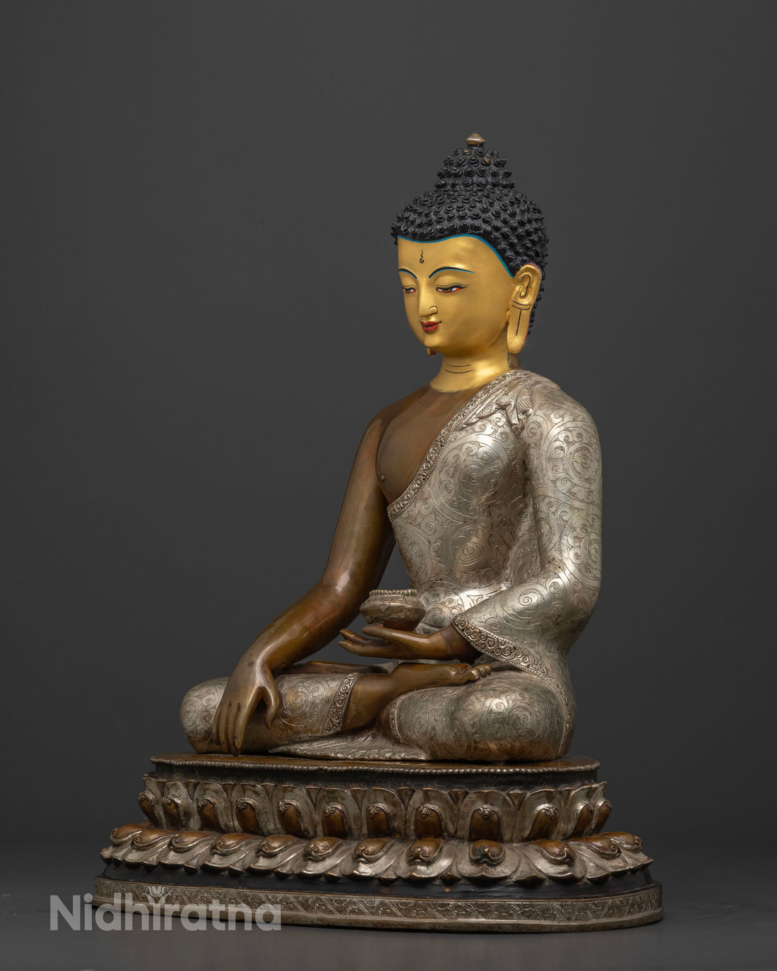 Intricate Half Oxidized Silver Shakyamuni Buddha Statue