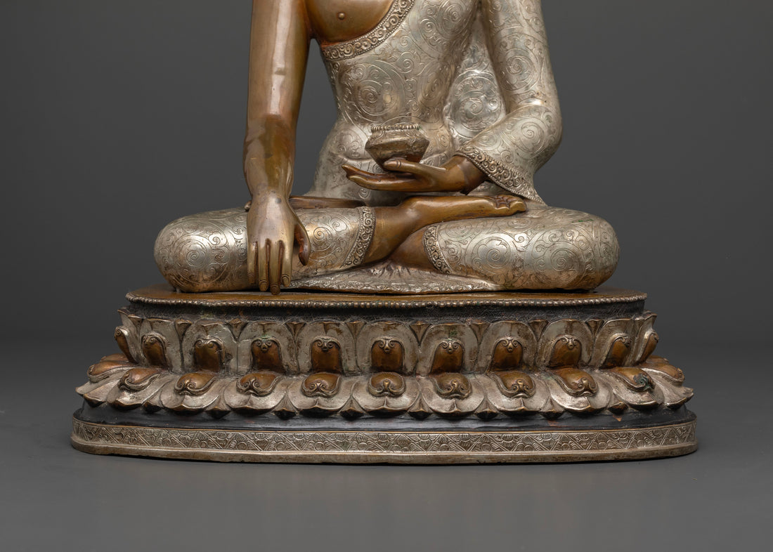 Intricate Half Oxidized Silver Shakyamuni Buddha Statue