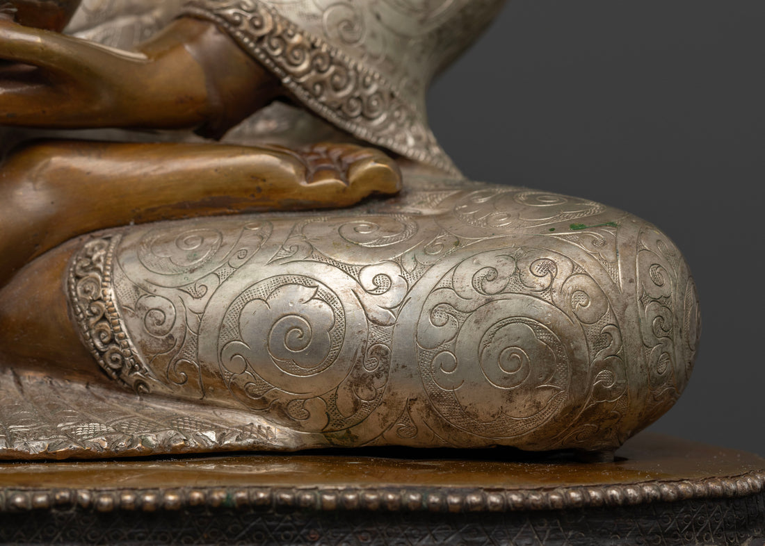 Intricate Half Oxidized Silver Shakyamuni Buddha Statue