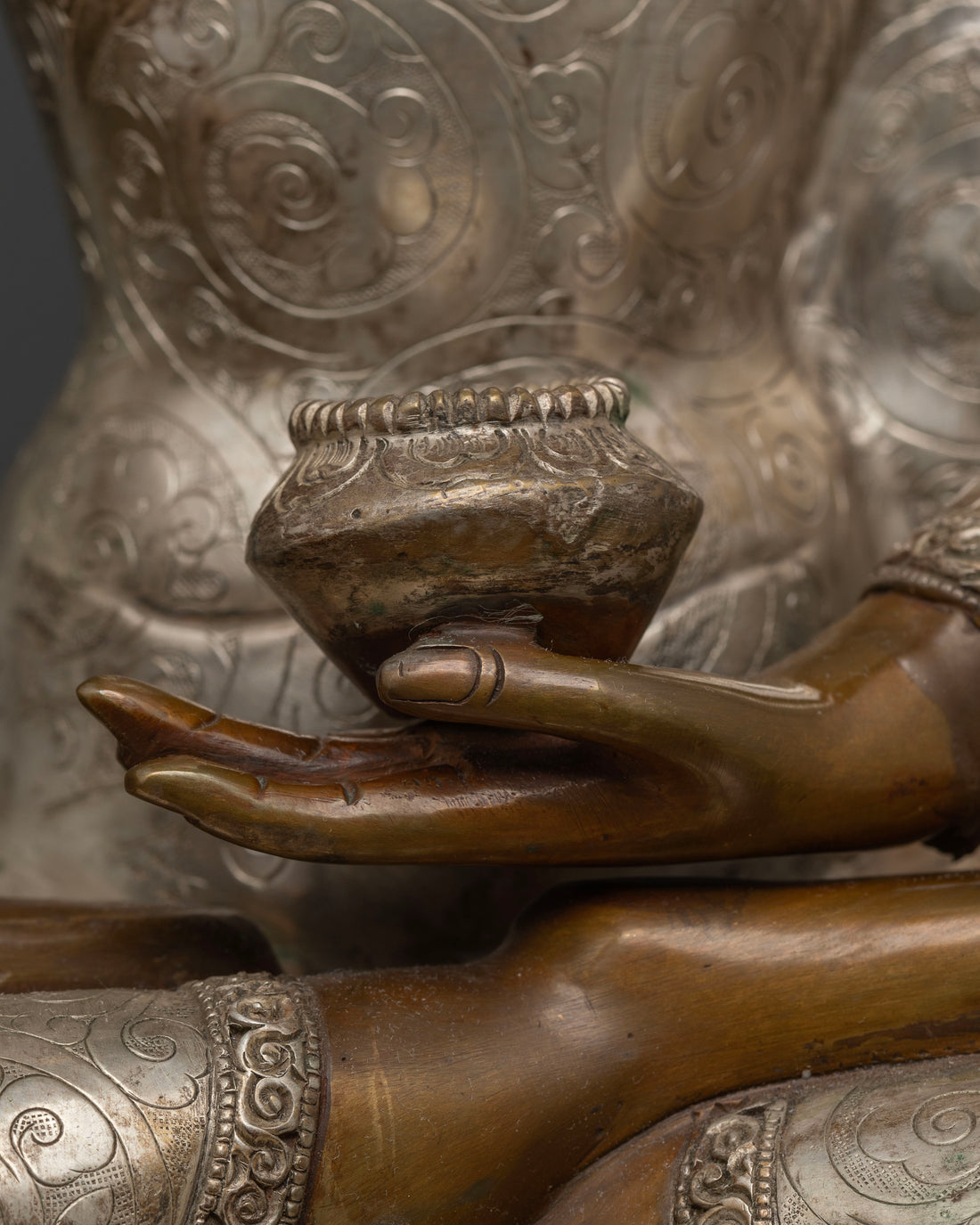 Intricate Half Oxidized Silver Shakyamuni Buddha Statue