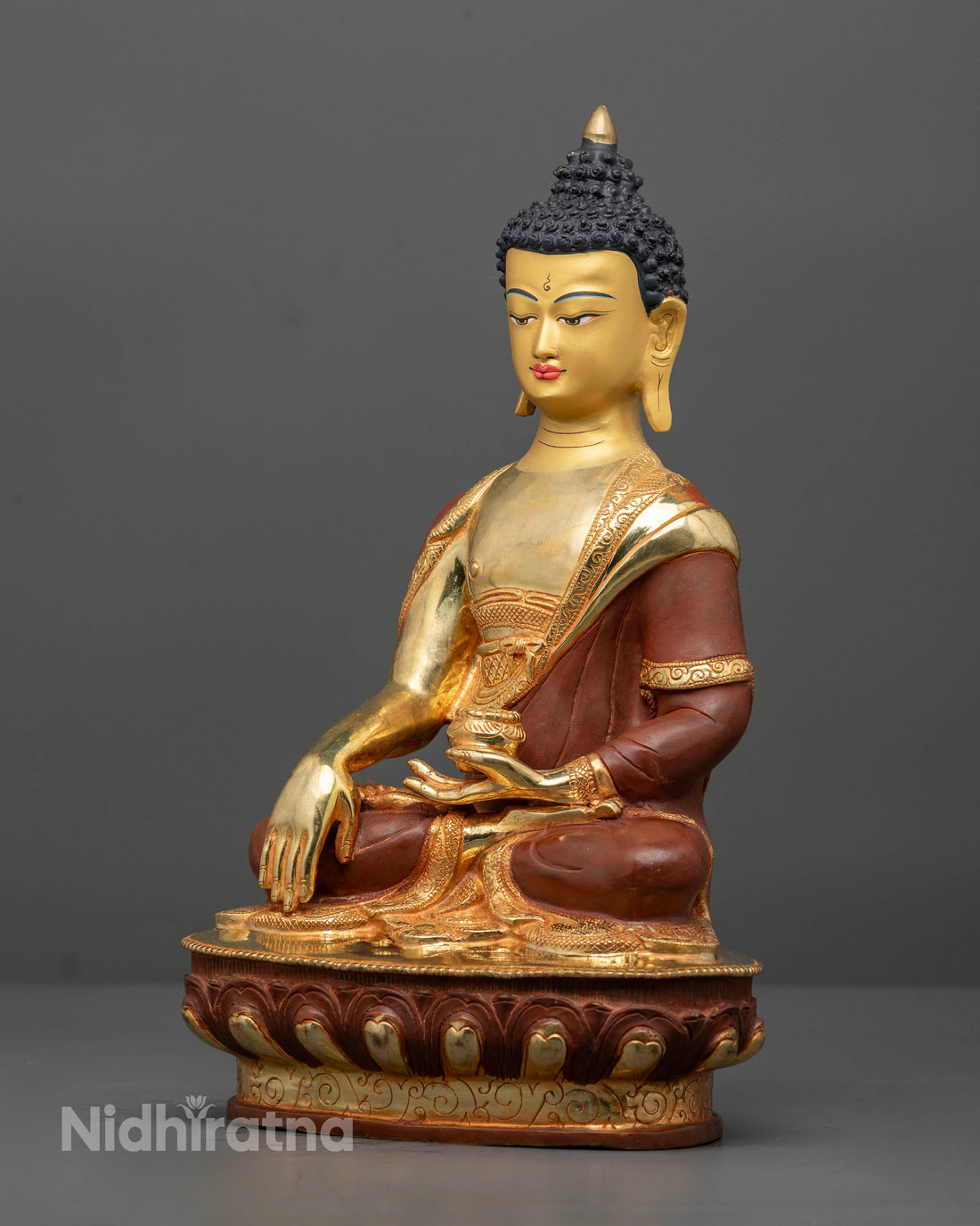 Handcrafted 13 Inch Shakyamuni Buddha Statue in Oxidized Copper