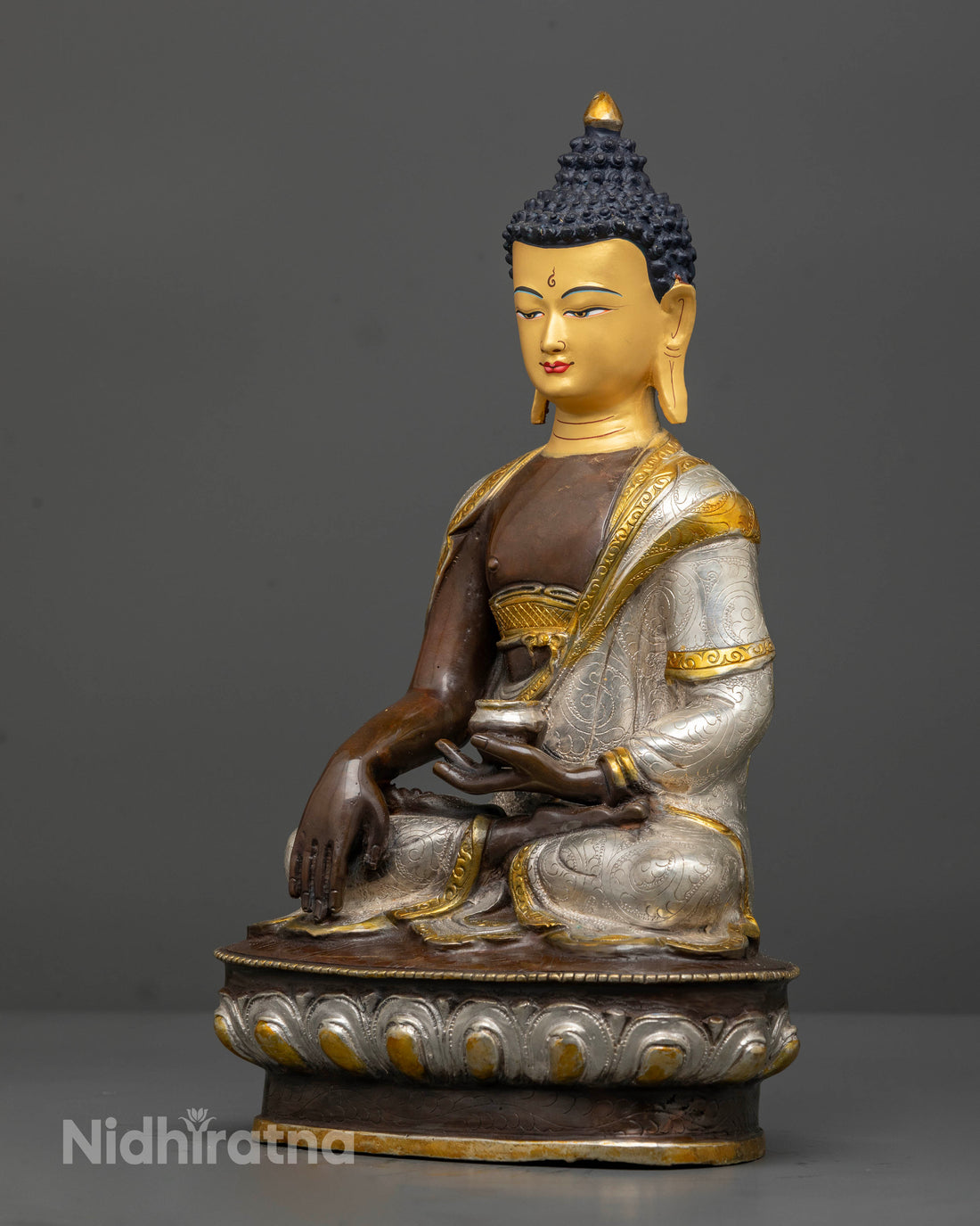 Nepalese 13.5 Inch Shakyamuni Buddha Statue: Oxidized Copper with Silver Plated