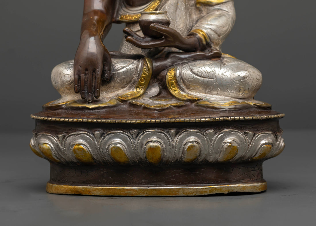 Nepalese 13.5 Inch Shakyamuni Buddha Statue: Oxidized Copper with Silver Plated