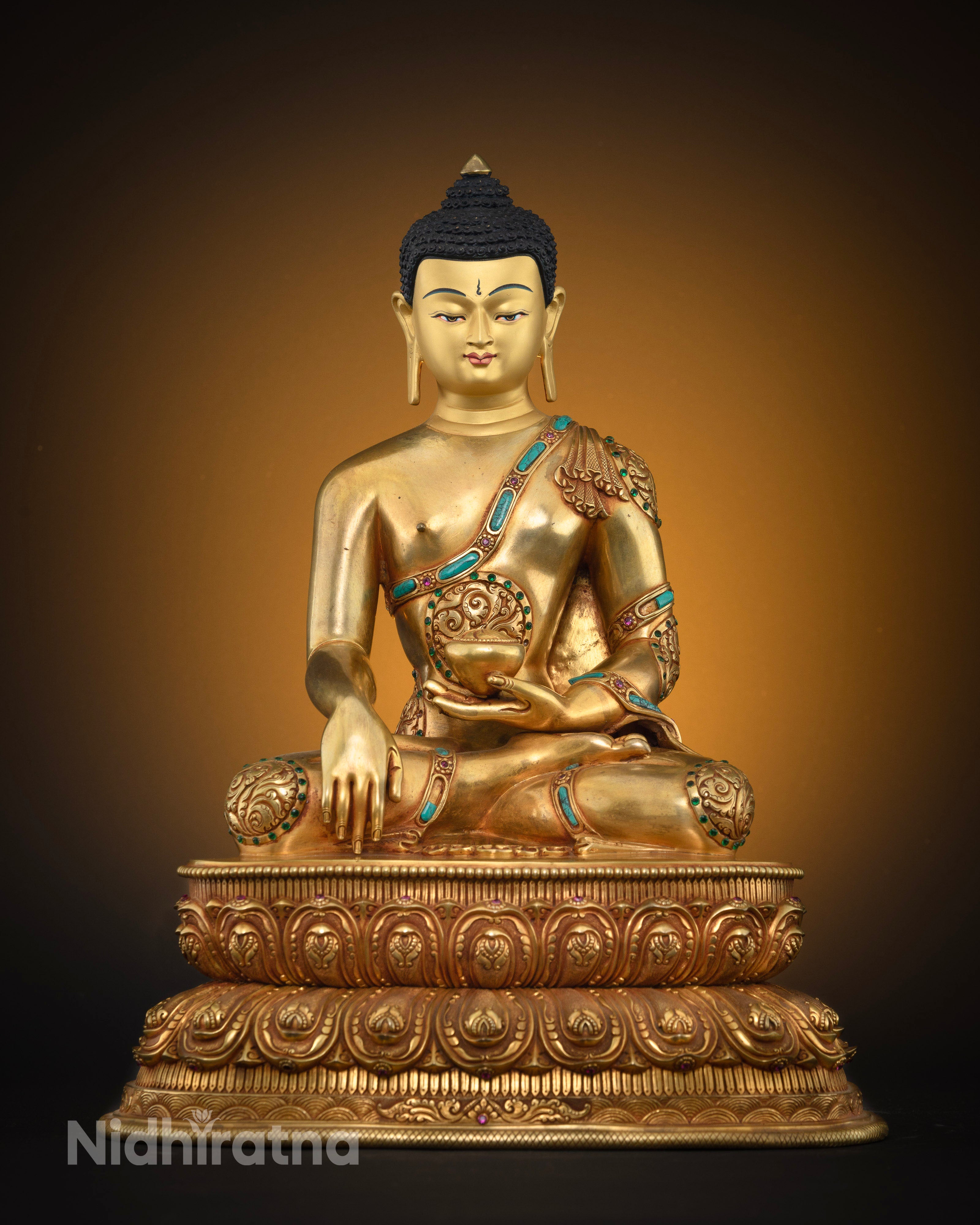 Front-view of Hand-Carved 24k Gold Gilded Buddha Statue in Meditation Pose from Nepal