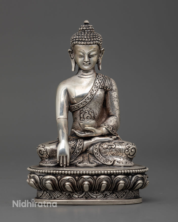 Silver Illumination: The Tranquil Aura of Shakyamuni Buddha