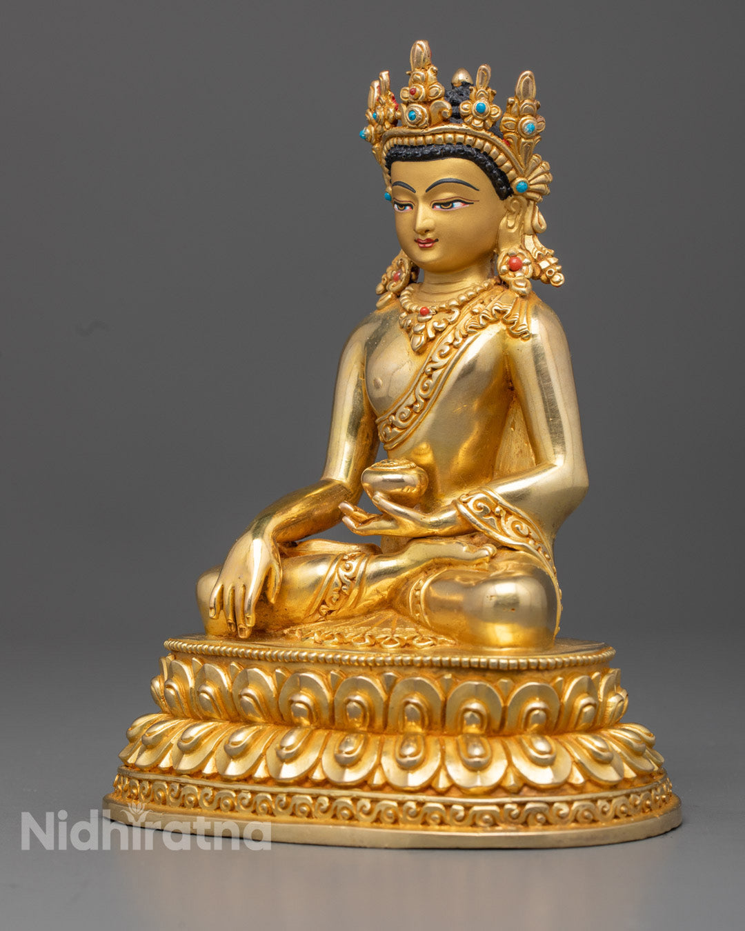 Hand-Carved Crowned Buddha Shakyamuni Statue