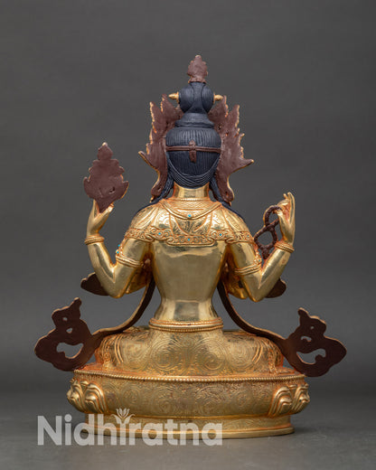 Back view of Chenrezig statue with detailed lotus throne gold gilded copper Buddhist art