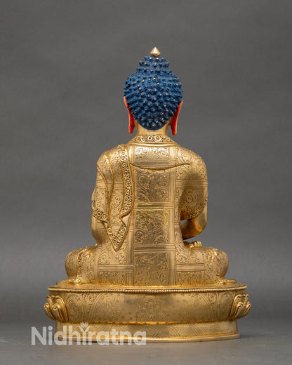 Back view of Amitabha Buddha statue with double-lotus throne and carved petal details