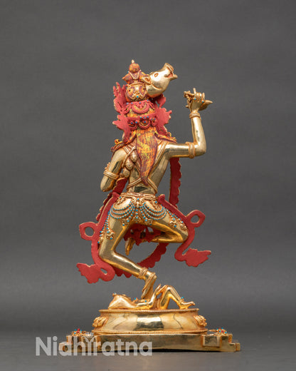 Back-view-Dorje-Phagmo-Vajravarahi-sow-head-five-skull-crown-gold-gilded-copper-Nepal