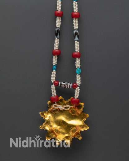 Back view Ghau Mala gold-plated beads intricate Himalayan craftsmanship spiritual home altar décor