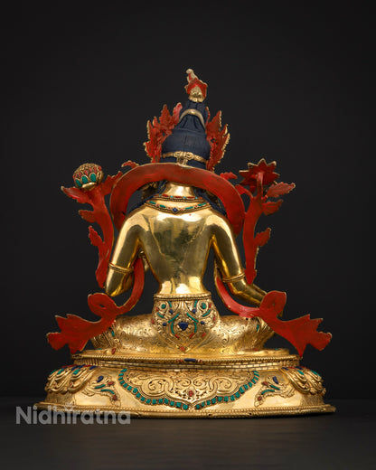 Back view of Green Tara sculpture spiritual home décor engraved robes meditation sacred statue