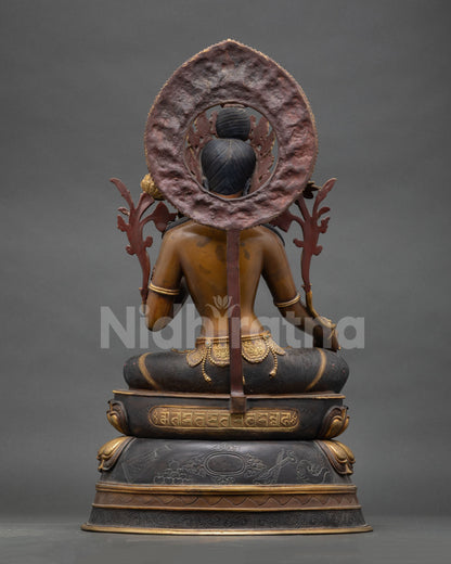 Back view Green Tara statue, carved details, layered lotus seat, copper patina