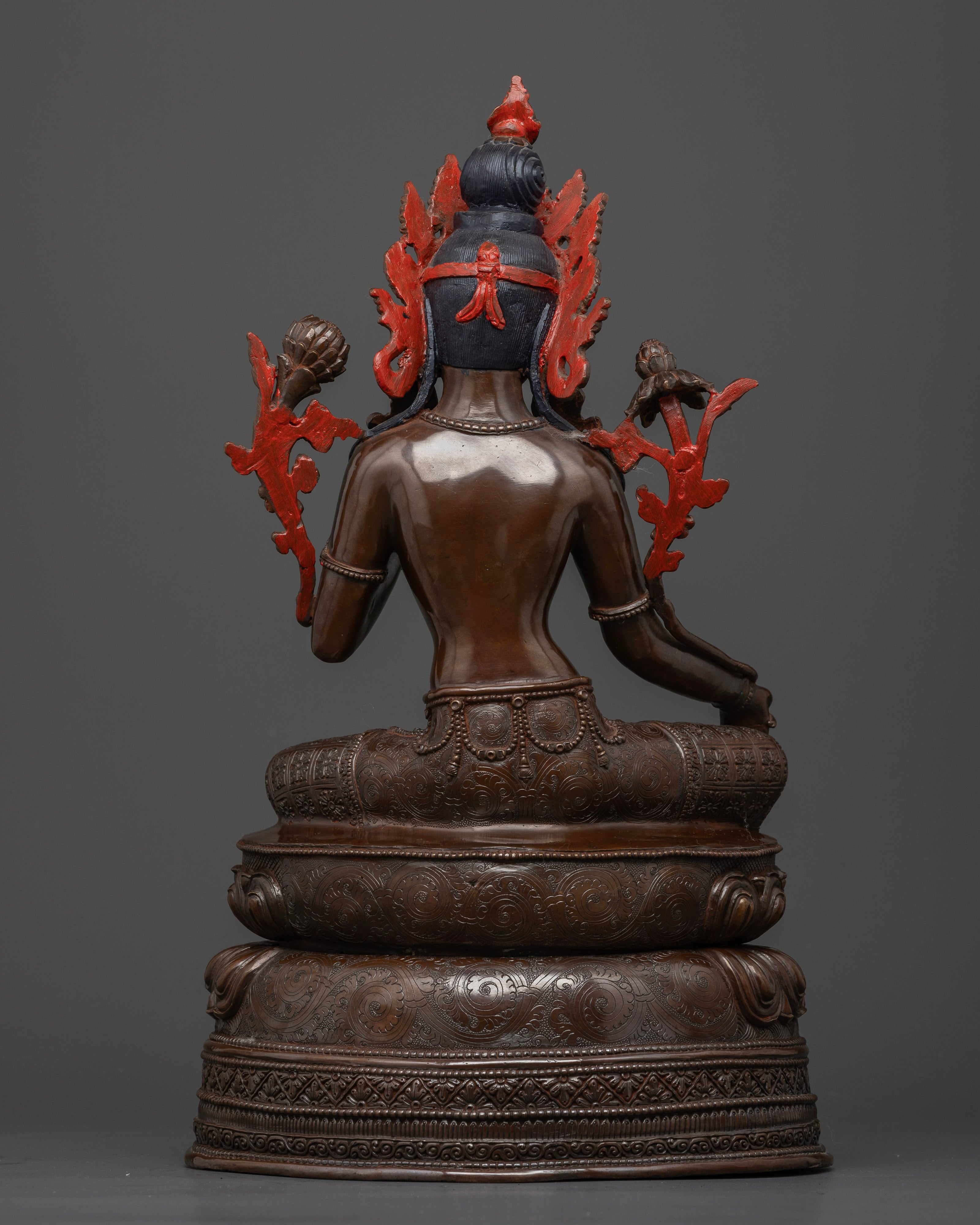 Back view of Green Tara statue dark oxidized copper Himalayan deity hand-crafted by Newari artisan