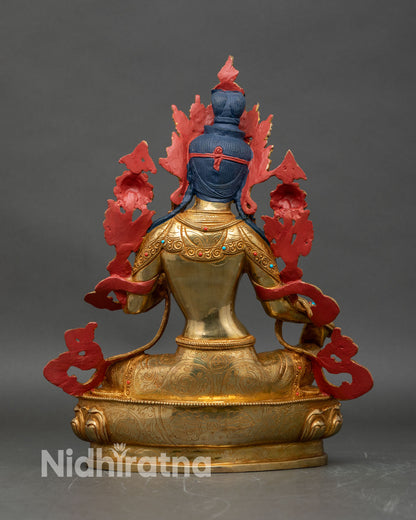 Back view of Green Tara statue, flaming halo intricate carvings, hand-painted Himalayan sculpture