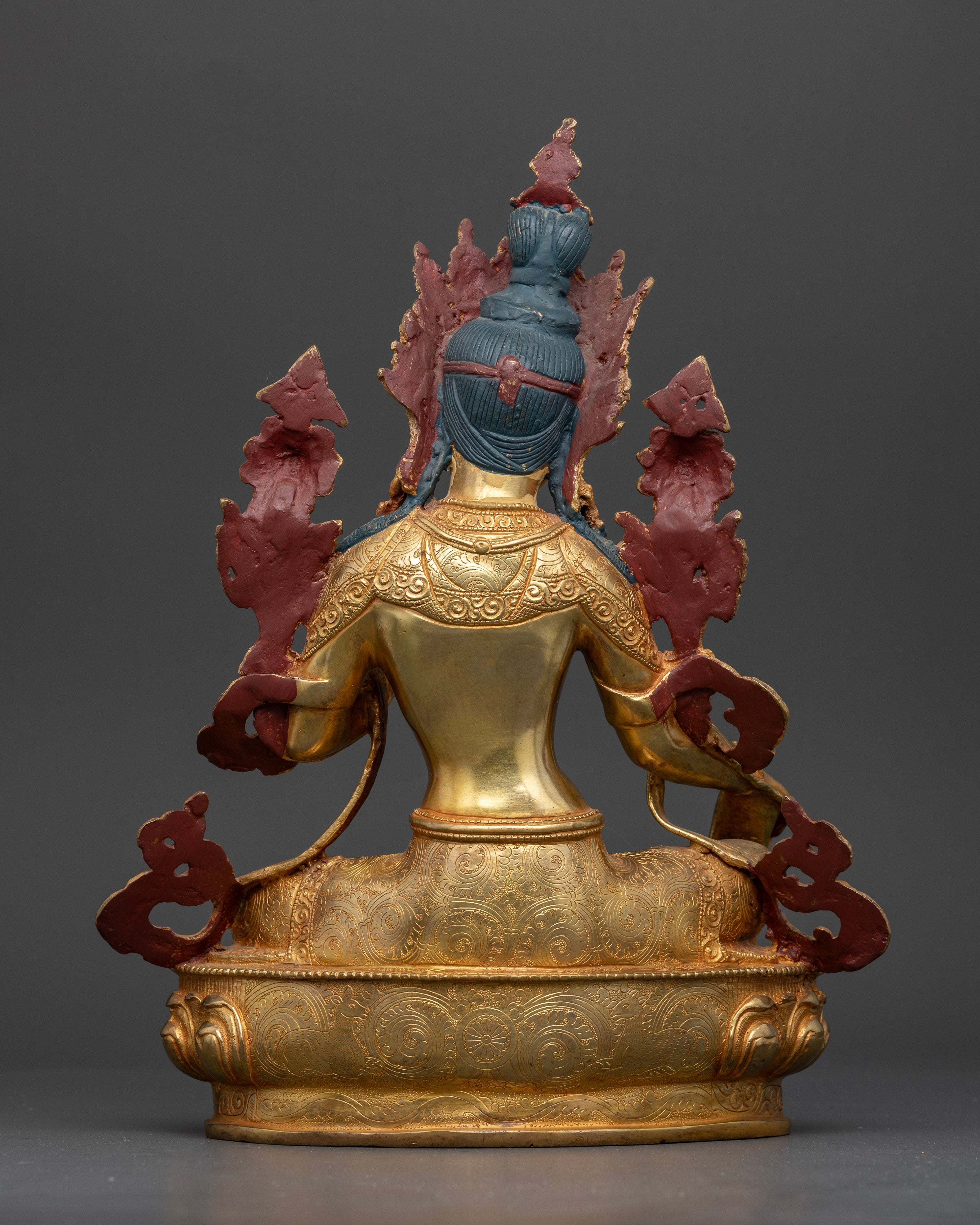 Back view of Green Tara statue gold-finished copper Himalayan deity hand-crafted in Nepal