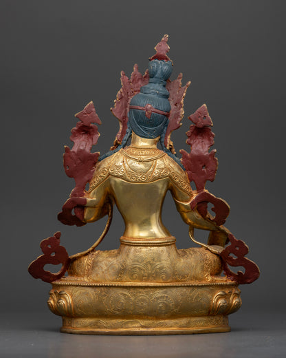 Back view of Green Tara statue gold-finished copper Himalayan deity hand-crafted in Nepal