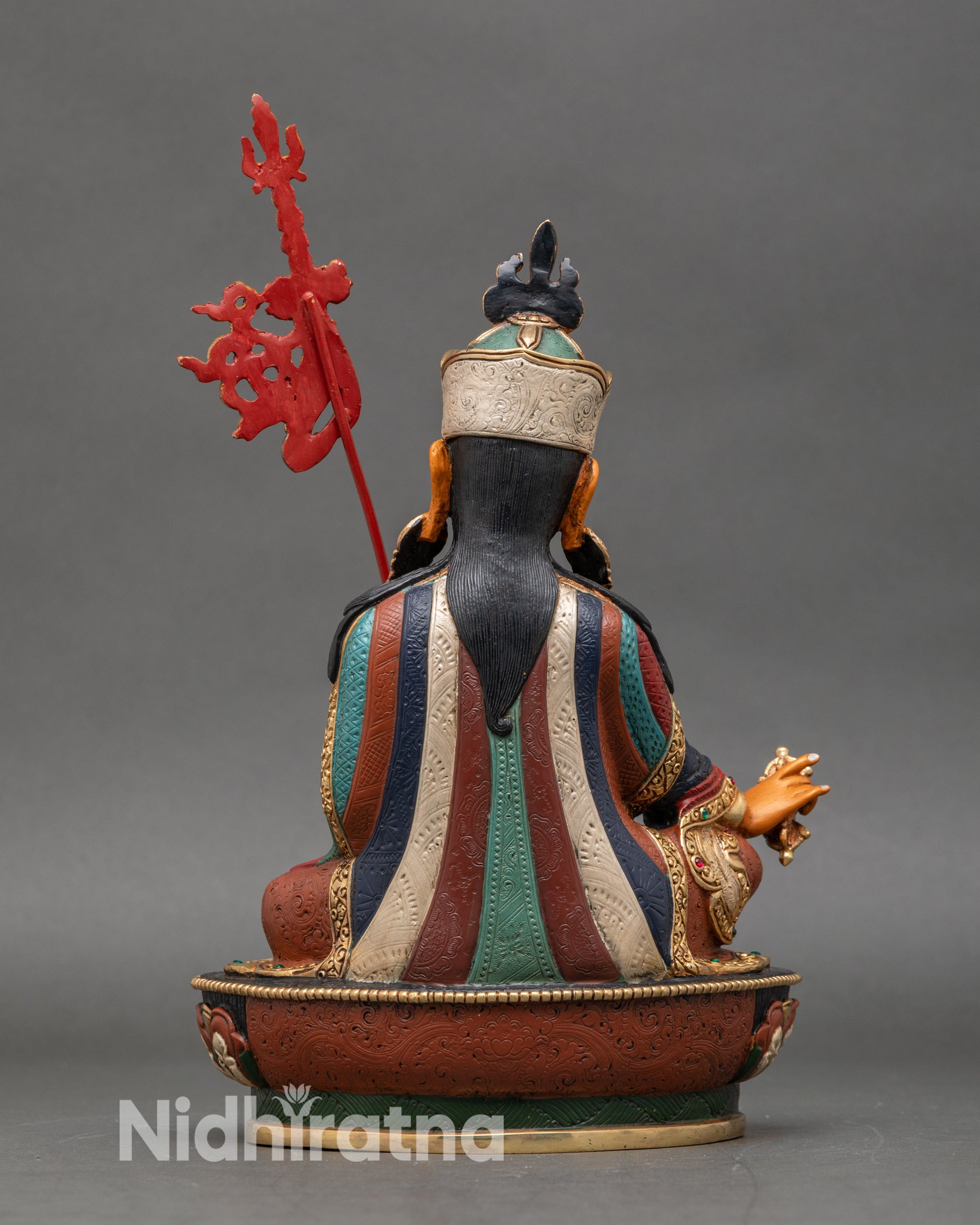 Back-view-Guru-Rinpoche-copper-gold-hand-painted-statue-intricate-lotus-carving-spiritual-artwork