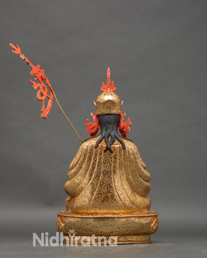 Back view of Guru Tsokye Dorje statue detailed crown jewel embellishments hand-engraved robes