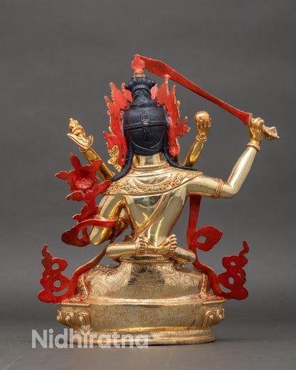Back-view-Manjushri-lotus-pedestal-deer-Dharma-Chakra-copper-gold-handcrafted-Himalayan-Buddhist-art