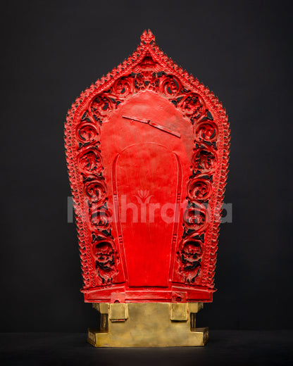 Back view Standing Green Tara statue halo and throne carvings Nepal