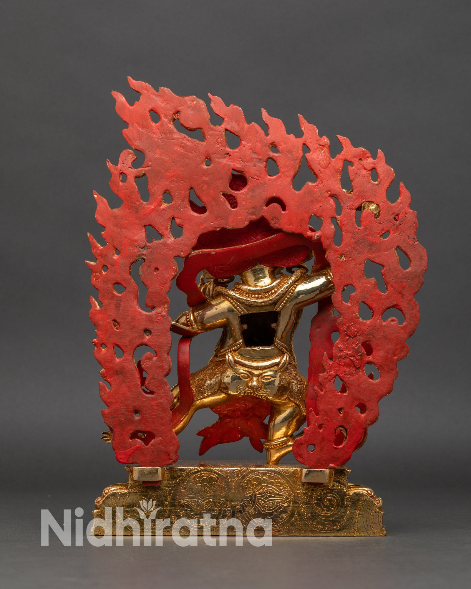 Back view of Vajrapani Statue intricate craftsmanship Newari artisan gold gilded copper Nepal