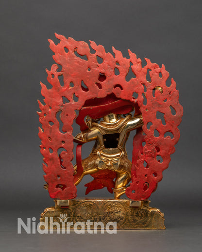 Back view of Vajrapani Statue intricate craftsmanship Newari artisan gold gilded copper Nepal