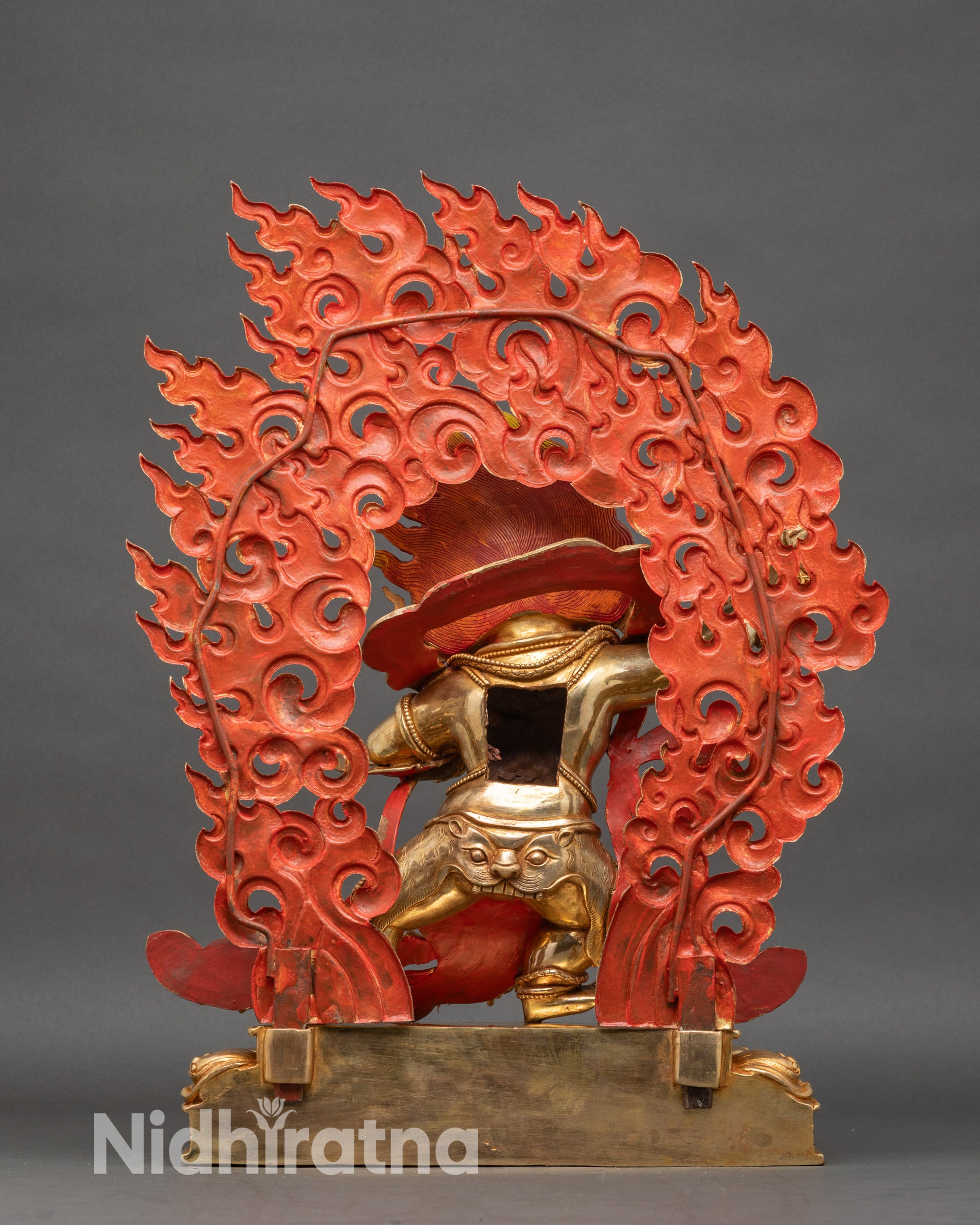 Back-view-Vajrapani-copper-gold-statue-sacred-ornaments-lotus-pedestal-handcrafted-Nepal
