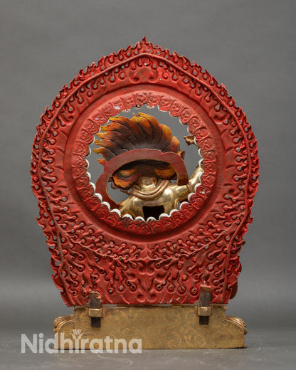 Back view of Vajrapani statue hand-painted halo skull motifs Vajra designs Himalayan sculpture