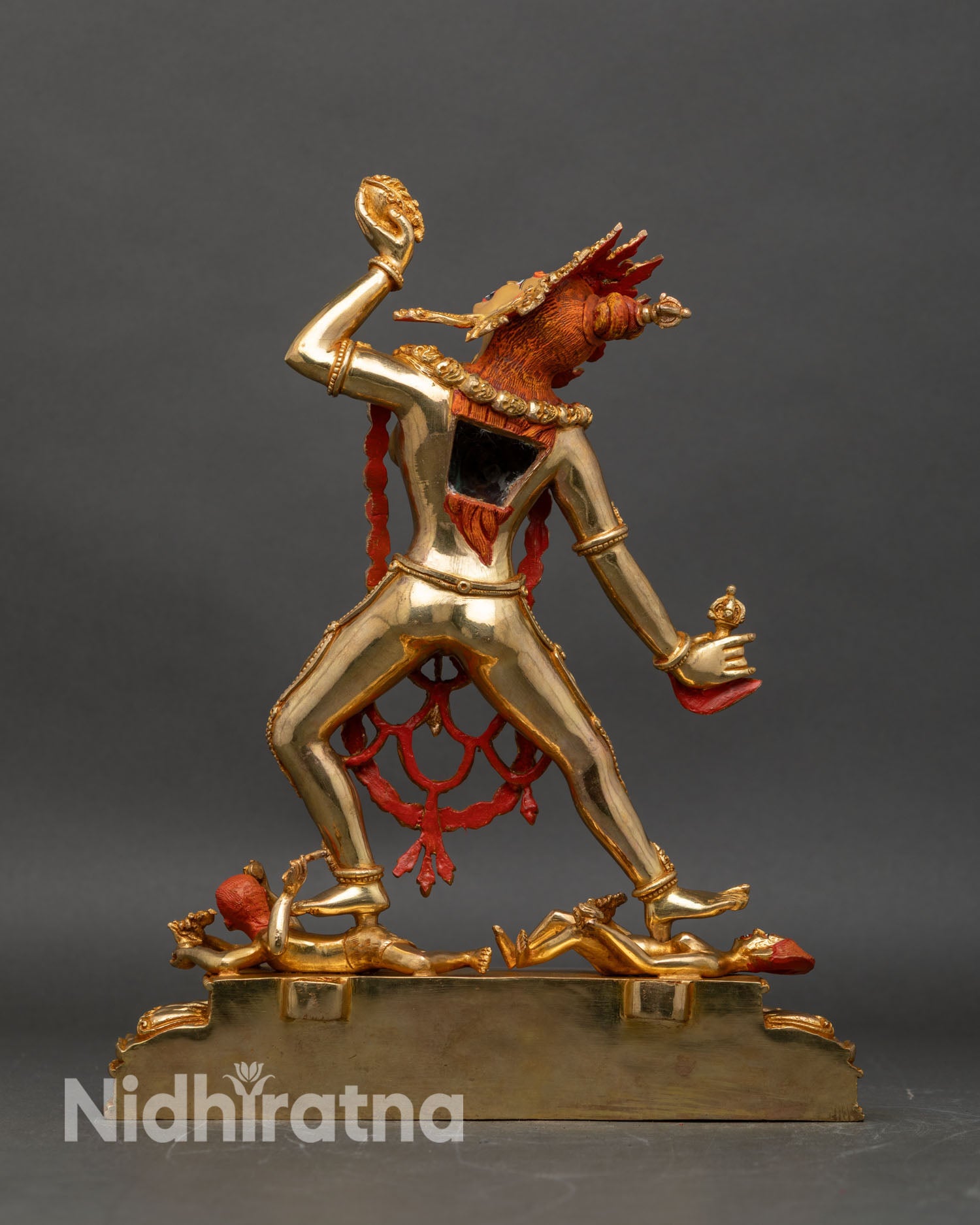Back view of Vajrayogini statue, khatvanga trident, hand-painted details, Himalayan sacred sculpture