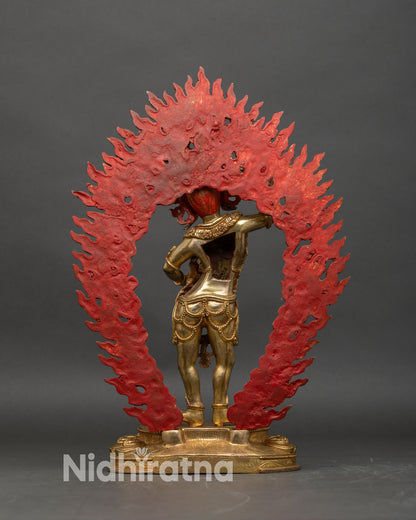 Back view of Yumka Dechen Gyalmo statue, flaming halo, bone ornaments, Tibetan sculpture