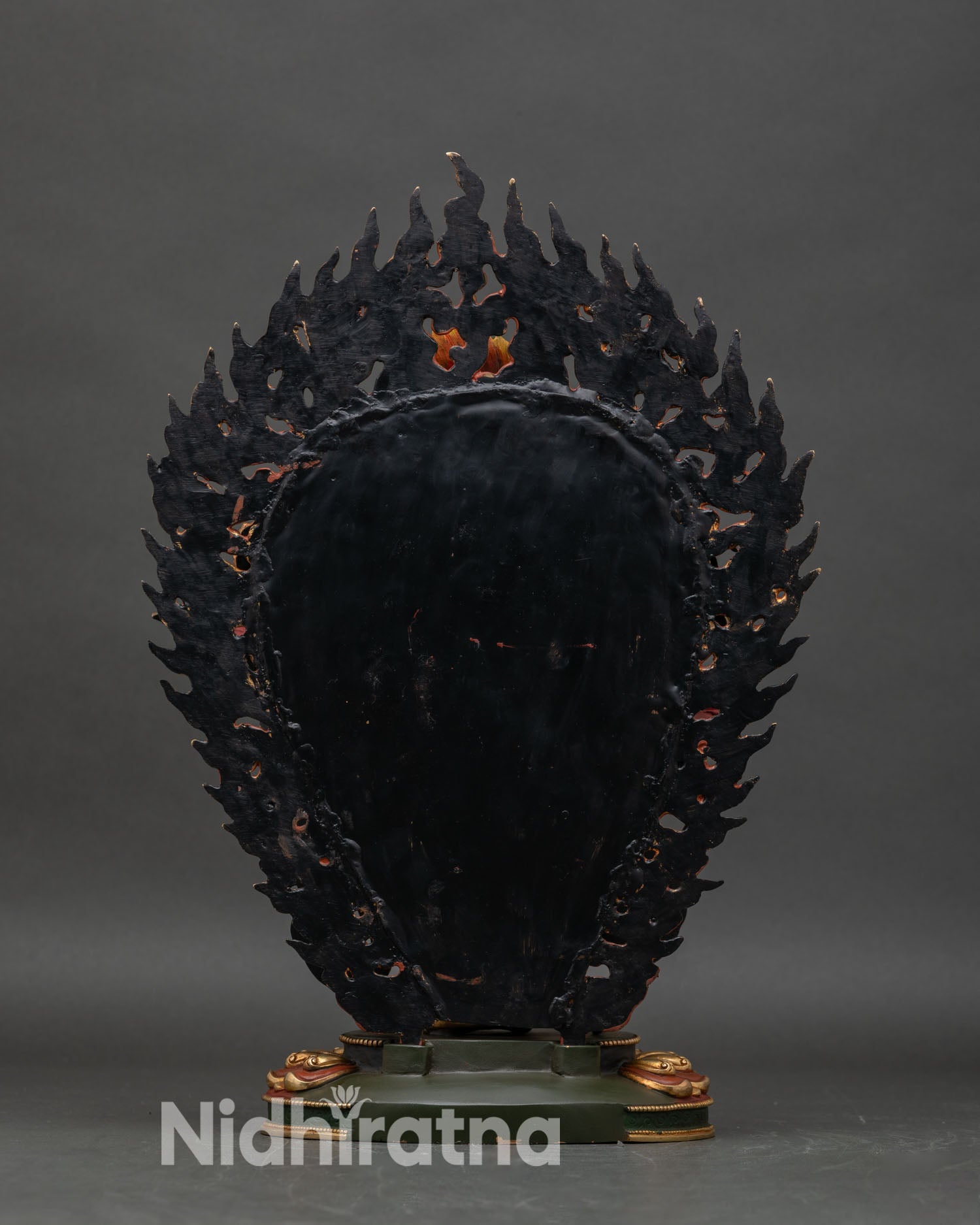 Back view of Kurukulla statue, intricate jewelry and halo, hand-crafted Nepalese art
