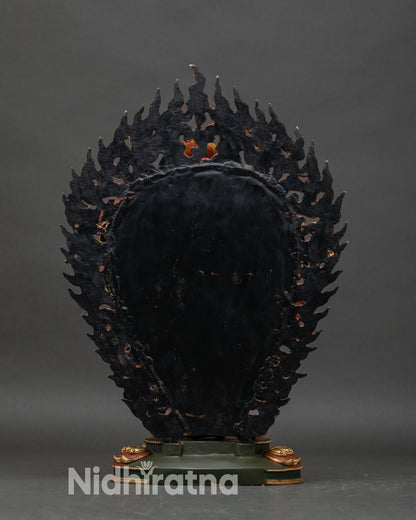Back view of Kurukulla statue, intricate jewelry and halo, hand-crafted Nepalese art