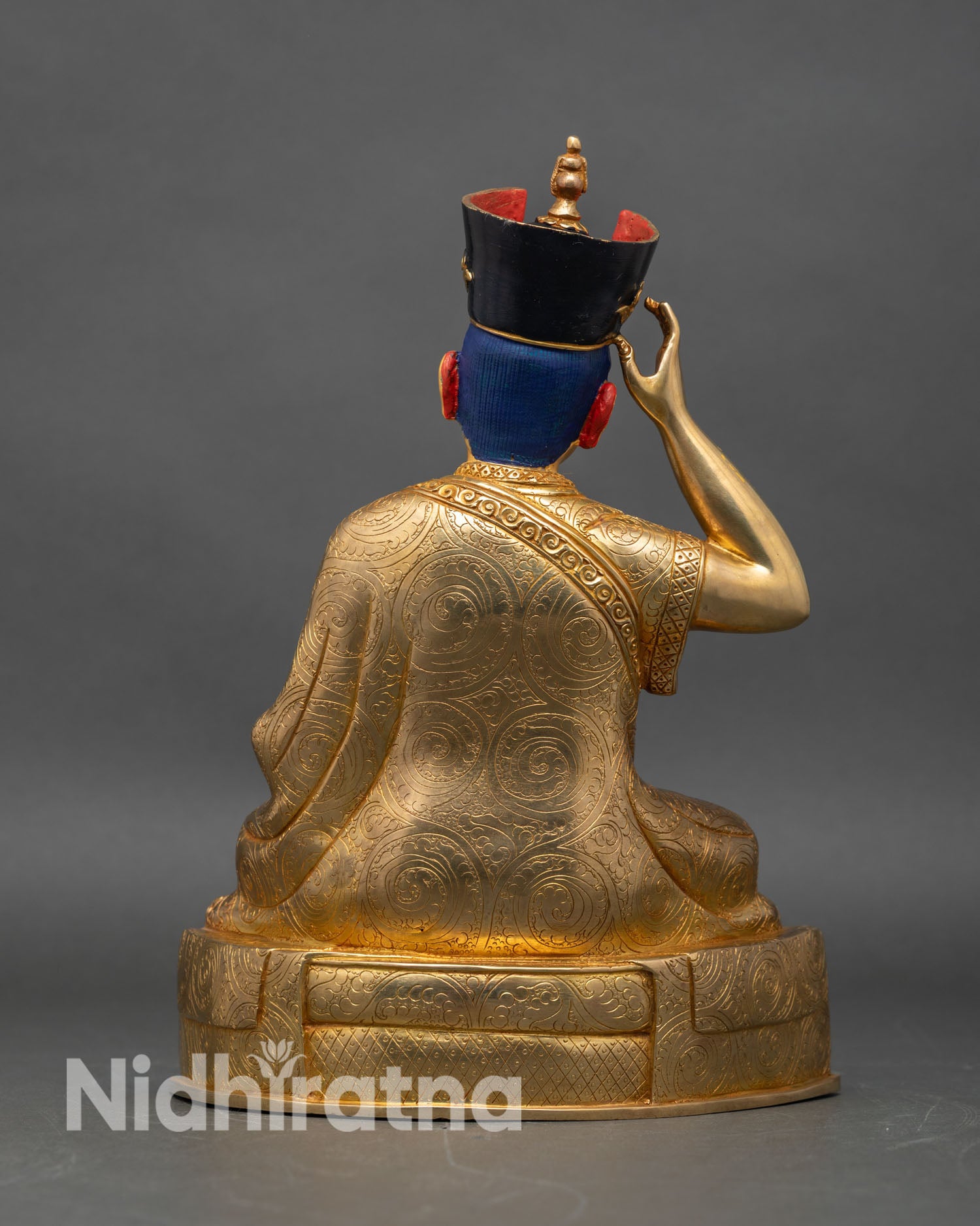 Back view of 16th Karmapa Statue hand-carved copper 24K gold gilding detailed Himalayan craftsmanship