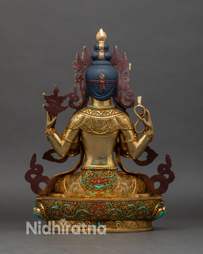 Back view of Chenrezig statue, decorated robes and lotus pedestal, traditional Newari art