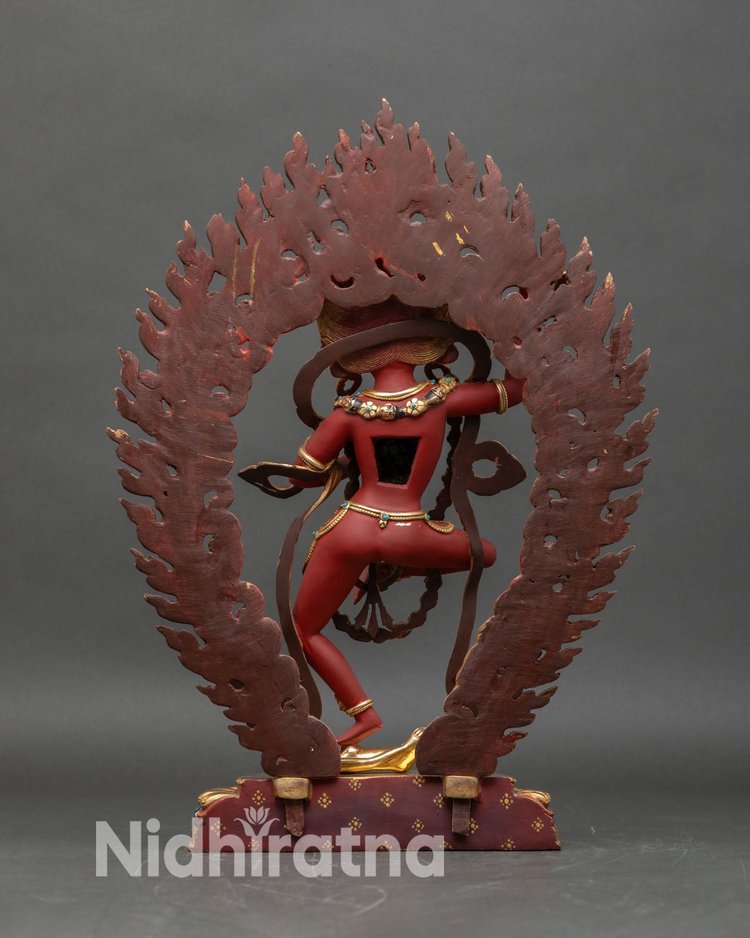 Back view of Dorje Phagmo Statue hand painted copper gold gilded Himalayan ritual sculpture