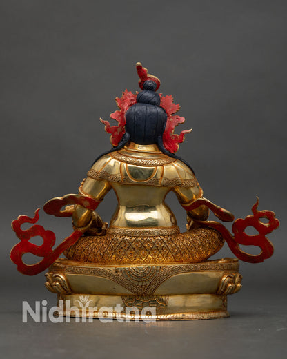 Back view of Dzambhala Statue detailed carvings golden Buddha wealth deity altar display