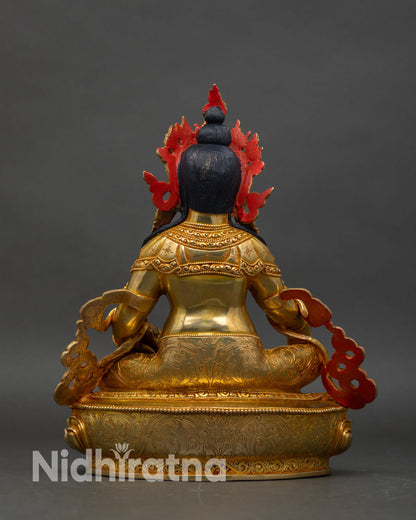 Back view of Dzambhala Statue hand-set coral turquoise stones intricate Nepalese Buddhist sculpture