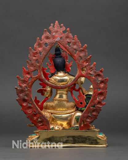 Back view of Simhada Manjushri statue with lotus throne, halo, and intricate design