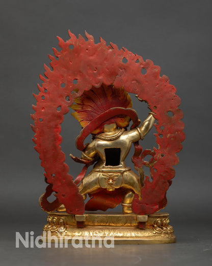 Back-view-of-Vajrapani-Statue-intricate-carvings-gold-gilded-copper-Himalayan-artwork